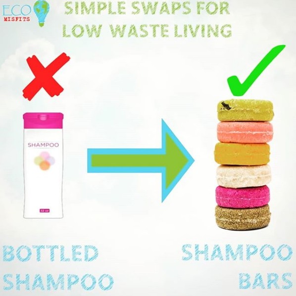 Eco Misfits Eco Swap: Replace plastic bottled shampoo with unpackaged shampoo bars.